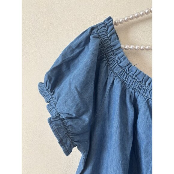 NWT MPH Collection Womens Size 3X Chambray Blue Dress Short Sleeve Ruffle Trim - Picture 3 of 8
